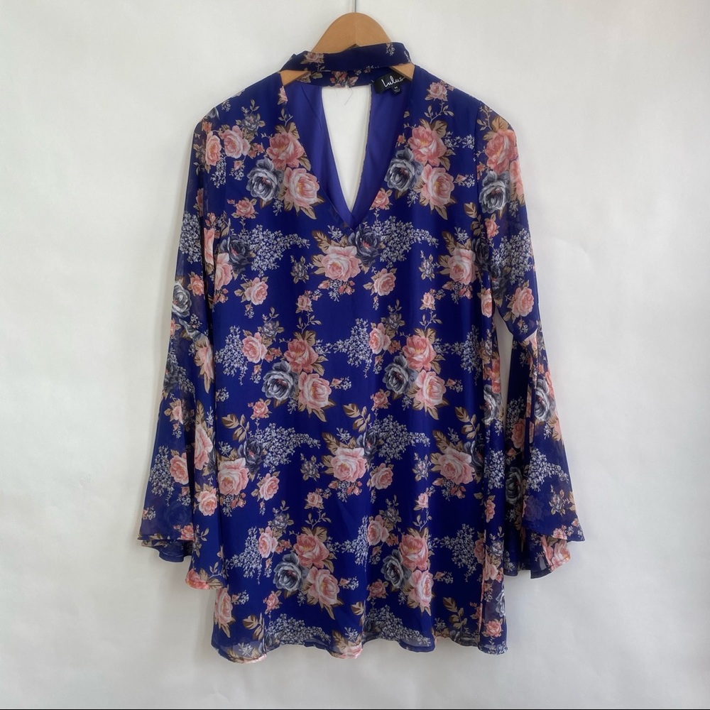 Lulu's Navy Blue Floral Halter Top Long Sleeve Blouse M